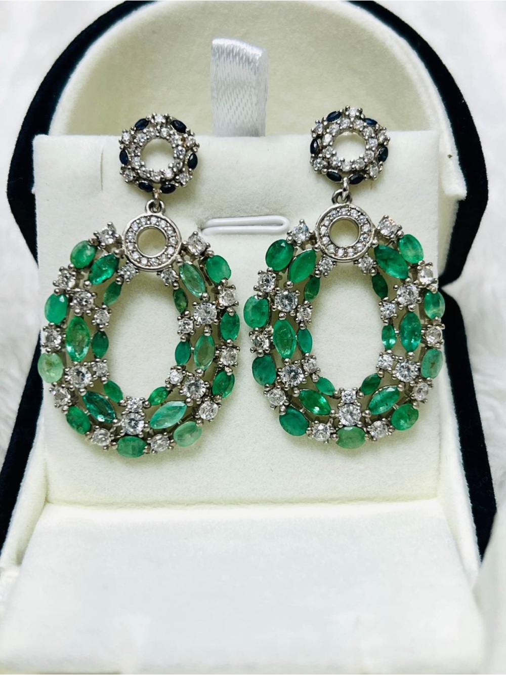 Genuine Emerald and Sapphires Hoop Drop Earrings - Sterling silver